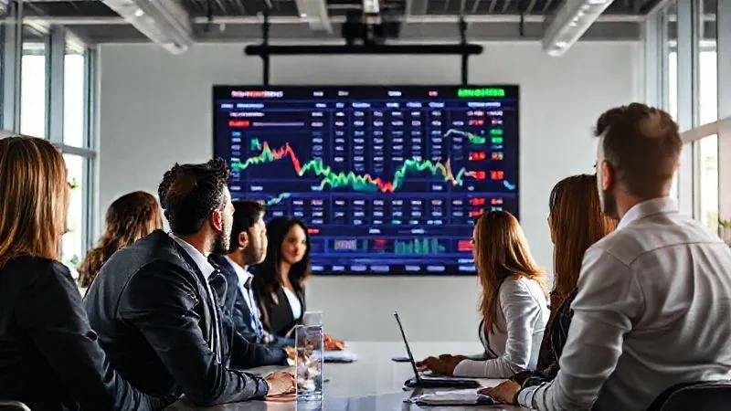 A photorealistic image of a diverse group of business people in a modern, sunlit office, collaboratively looking at a large screen displaying stock market charts and company logos. The atmosphere is professional and forward-thinking. Professional photography, 8K, cinematic lighting, sharp focus on the people and screen, depth of field blurring the background, shot on a high-end DSLR.