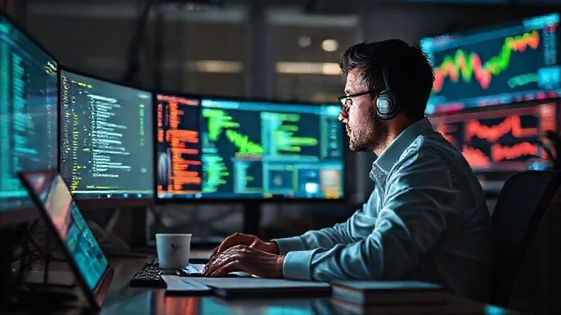 A photorealistic image of a person at a desk, surrounded by multiple glowing screens displaying code, financial data, and creative designs. The person is actively engaged, learning or creating, with a sense of focus and innovation. Books and a coffee cup are visible on the desk. Professional photography, 8K, cinematic lighting, sharp focus on the person and screens, depth of field blurring the background, shot on a high-end DSLR.