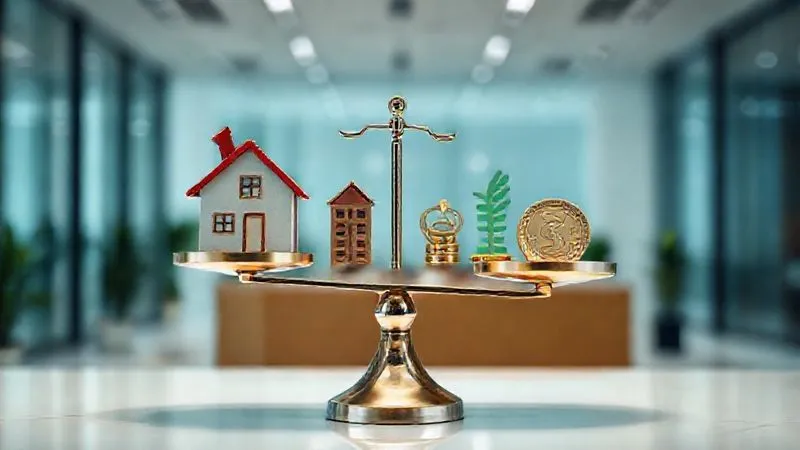 A photorealistic image of a diverse portfolio of financial assets, depicted as a balanced scale with different types of investments (represented by icons like a house, a stock chart, a bond, and a digital coin) on each side, perfectly balanced. The background is a clean, modern financial office. Professional photography, 8K, cinematic lighting, sharp focus on the scale, depth of field blurring the background, shot on a high-end DSLR.