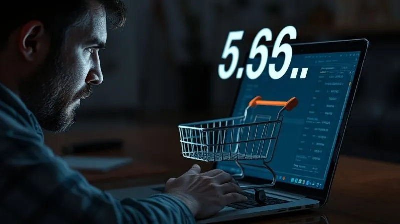 Photorealistic image of a frustrated person looking at a shopping cart on a laptop screen, with numbers representing high shipping costs floating above it. The scene is dimly lit, emphasizing the disappointment. Professional photography, 8K, cinematic lighting, sharp focus, depth of field, shot on a high-end DSLR.