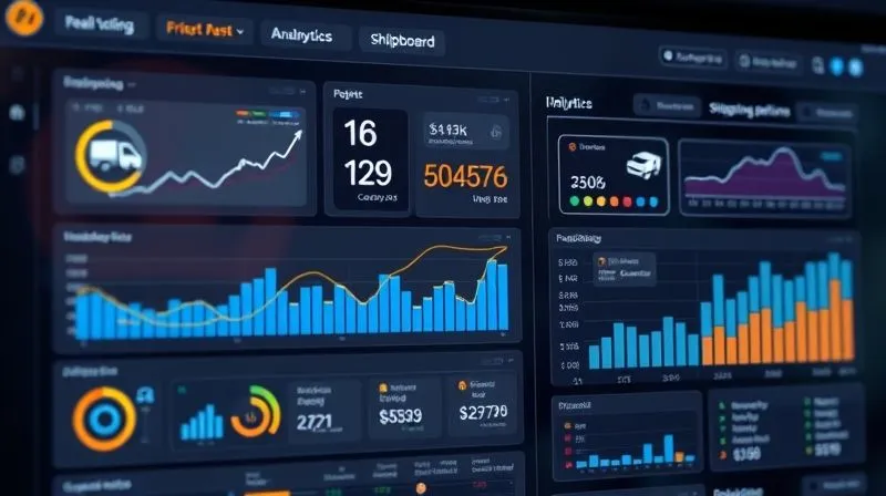 Photorealistic image of a futuristic e-commerce dashboard displaying real-time shipping analytics, with various shipping options and their costs visualized in a clean, minimalist interface. Data flows seamlessly, illustrating efficiency. Professional photography, 8K, cinematic lighting, sharp focus, depth of field, shot on a high-end DSLR.