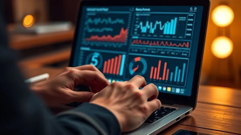 A photorealistic image of a person's hands using a laptop, with various performance metrics graphs and charts displayed on the screen, indicating analysis and problem-solving, with a subtle WordPress logo on the laptop. Cinematic lighting, sharp focus on the screen and hands, depth of field blurring the background. 8K hyper-detailed, professional photography, shot on a high-end DSLR, conveying deep technical analysis and focus.