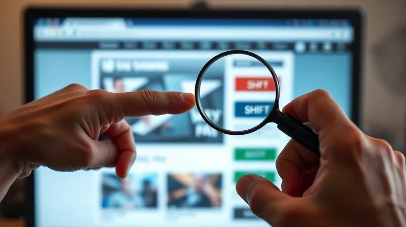 A photorealistic image showing a screen with a website layout shifting. One hand is pointing at the shifting element, while the other hand is holding a magnifying glass, symbolizing the identification and correction of visual instability. Cinematic lighting, sharp focus on the screen and hands, depth of field blurring the background. 8K hyper-detailed, professional photography, shot on a high-end DSLR, conveying precision and problem-solving.