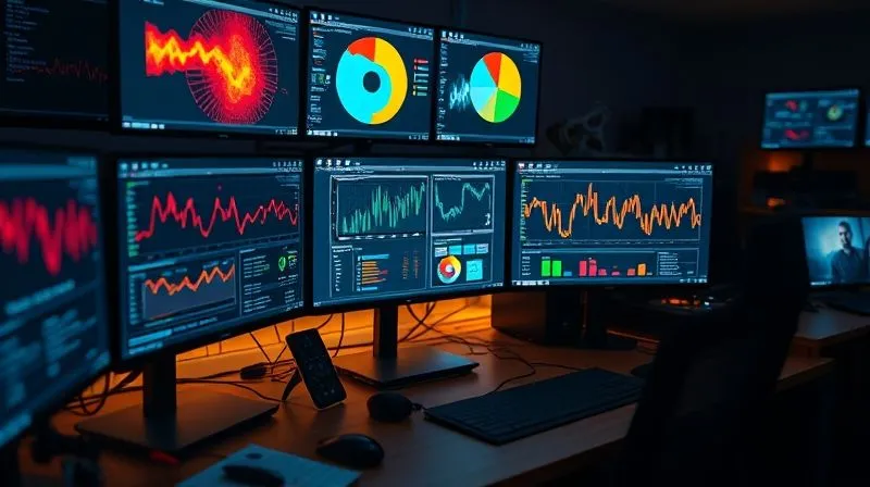 A photorealistic image of a data analyst's desk, with multiple screens displaying heatmaps, eye-tracking data, and A/B test results on a website interface. Cinematic lighting emphasizes the analytical intensity, sharp focus on the data visualizations, depth of field blurring the background, 8K hyper-detailed, shot on a high-end DSLR.