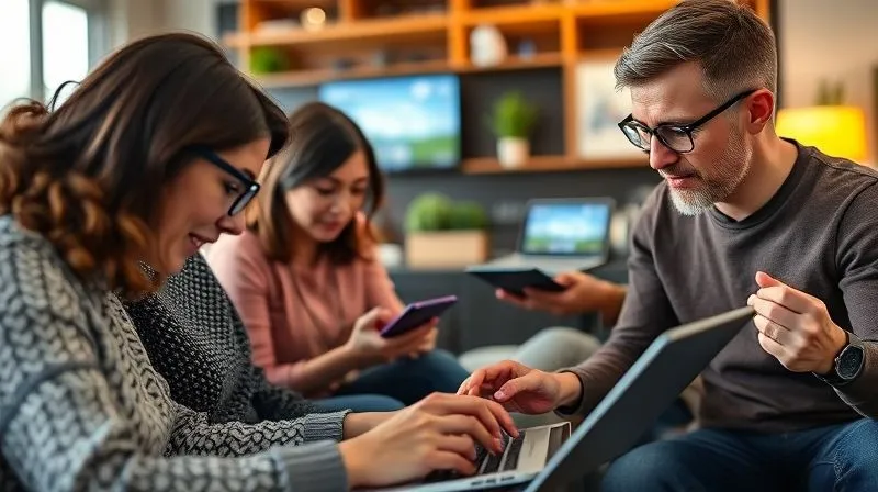 A photorealistic, professional photography image of a diverse group of people (e.g., one user with a screen reader, another using a large-text interface, another navigating with a keyboard) interacting seamlessly with a single, well-designed digital product on various devices. Cinematic lighting, sharp focus on the inclusive interaction, depth of field creating a harmonious background, 8K hyper-detailed, shot on a high-end DSLR.