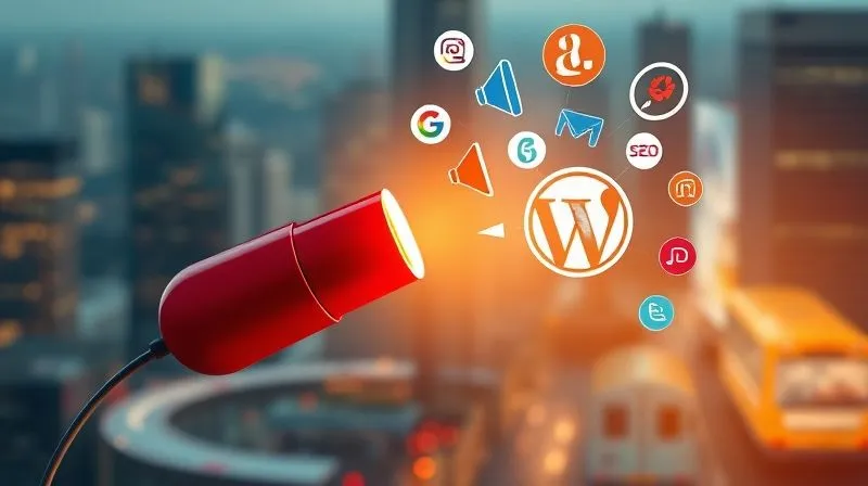 A photorealistic image of a magnet attracting various digital icons (like a magnifying glass for SEO, a loudspeaker for ads, a social media logo) towards a website icon, set against a blurred background of a bustling city. Cinematic lighting, sharp focus on the magnet and icons, 8K hyper-detailed.