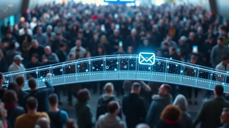 A photorealistic image of a digital "bridge" connecting a crowd of anonymous visitors on one side to a smaller group of clearly defined, engaged leads on the other. The bridge has glowing data points and an email icon. Cinematic lighting, sharp focus on the bridge, depth of field blurring the crowd, 8K hyper-detailed.