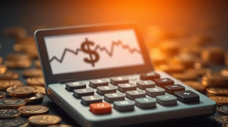 A photorealistic image of a calculator with a dollar sign on its screen, surrounded by small coins and a graph showing a downward trend. Cinematic lighting, sharp focus on the calculator, depth of field blurring the background, 8K hyper-detailed.