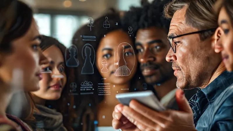 A photorealistic, professional photography, 8K, cinematic lighting, sharp focus, depth of field, shot on a high-end DSLR, of a diverse group of people's faces overlaid with digital data points and demographic information, representing different customer personas, with a small business owner thoughtfully analyzing this data on a transparent screen. The scene should evoke understanding and strategic planning.