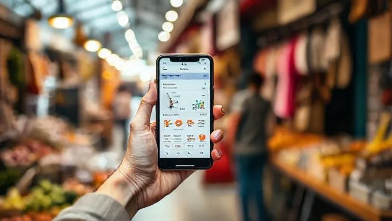 A photorealistic, professional photography, 8K, cinematic lighting, sharp focus, depth of field, shot on a high-end DSLR, of a small business owner's hand holding a smartphone displaying a successful e-commerce transaction, with a blurred background of a bustling, modern market stall or a creative workspace, symbolizing the conversion of social media engagement into tangible sales and extra income.