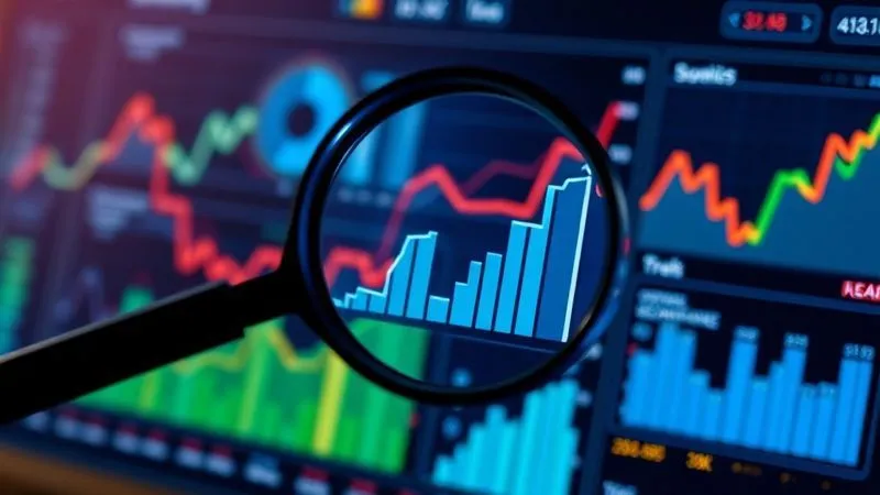 A photorealistic, professional photography, 8K, cinematic lighting, sharp focus, depth of field, shot on a high-end DSLR, of a digital marketing dashboard showing analytics and ad campaign performance, with a magnifying glass hovering over a segment of the data, symbolizing precise targeting and optimization. The background suggests growth and financial success.
