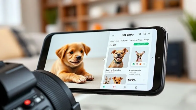 A photorealistic, professional photography, 8K, cinematic lighting, sharp focus, depth of field, shot on a high-end DSLR, showing a clean, modern e-commerce interface for a pet shop on a smartphone, with clear product images of a happy dog playing with a toy, user-friendly navigation, and an easy checkout process. The background is softly blurred, indicating a home environment.