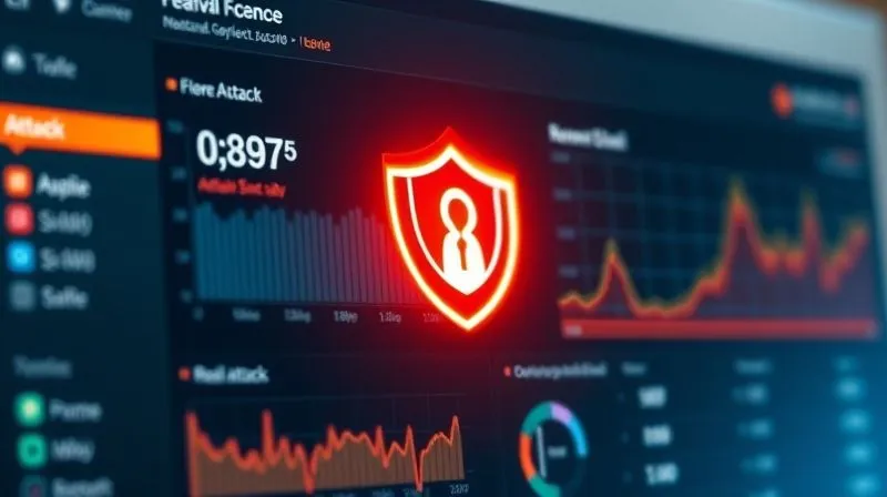 A photorealistic interface screenshot of Wordfence Security dashboard showing real-time attack data, with a digital firewall icon glowing, cinematic lighting, 8K, professional photography, sharp focus, depth of field.