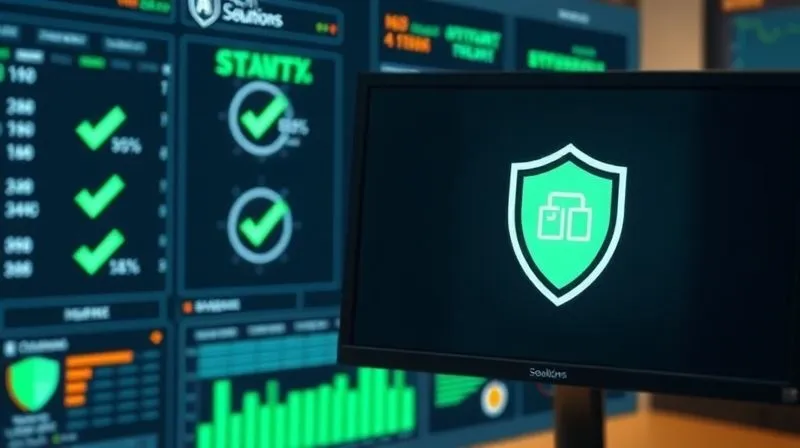 A photorealistic image of a digital security dashboard showing green checkmarks and successful threat neutralization, with a subtle "TechSolutions Pro" logo on a monitor. Cinematic lighting, 8K, professional photography, sharp focus, depth of field.