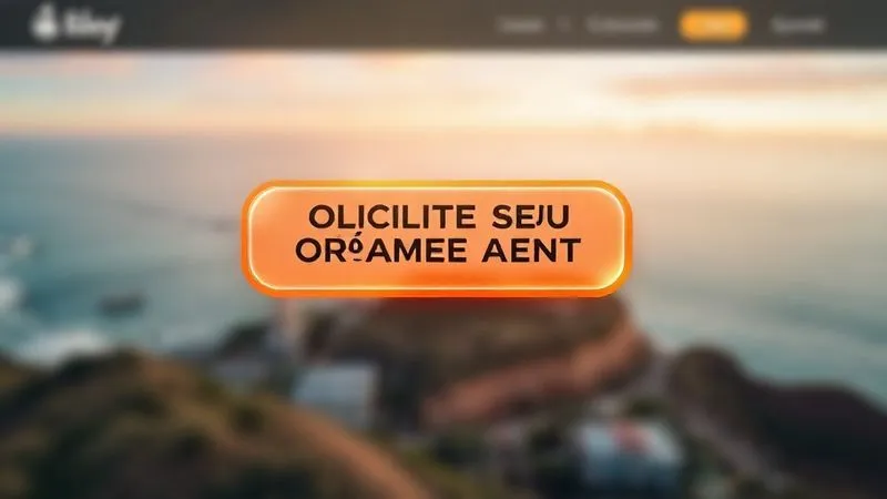 A vivid, glowing, and professionally designed call-to-action button, clearly labeled 'SOLICITE SEU ORÇAMENTO AGORA', floating slightly above a blurred, elegant web page background showcasing beautiful photography. The button is prominent, inviting, and uses contrasting colors to stand out. 8K, cinematic lighting, sharp focus, professional design.