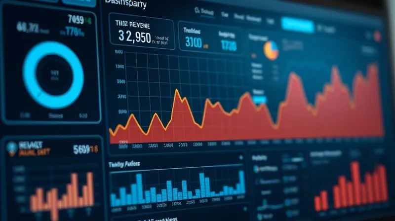 Photorealistic image of a complex web analytics dashboard with various graphs and numbers, one graph showing a flat line for revenue despite high traffic, cinematic lighting, sharp focus, 8K, professional photography.