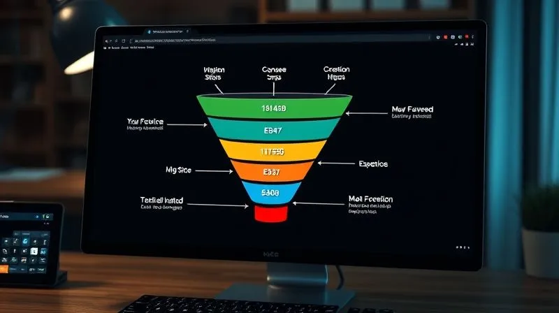 Photorealistic image of a digital funnel graphic with various stages, showing clear conversion points and metrics, overlaid on a computer screen displaying a blog post, cinematic lighting, sharp focus, 8K, professional photography.