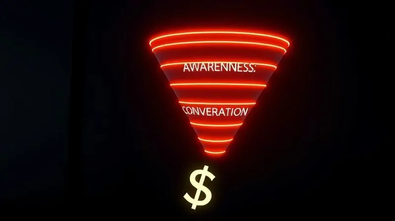 Photorealistic image of a stylized sales funnel made of light, with different sections labeled "Awareness," "Consideration," and "Conversion," leading to a dollar sign at the bottom, set against a dark, futuristic background, cinematic lighting, sharp focus, 8K, professional photography.