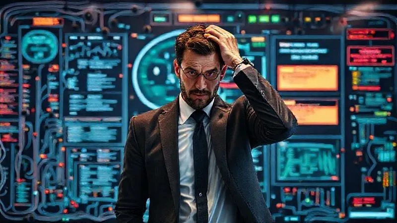 A photorealistic image of a bewildered business person standing in front of a complex, chaotic digital marketing dashboard with many broken connections and flashing error messages. The person looks frustrated and confused, holding their head. Cinematic lighting, sharp focus on the person and dashboard, depth of field, 8K hyper-detailed, professional photography, shot on a high-end DSLR.