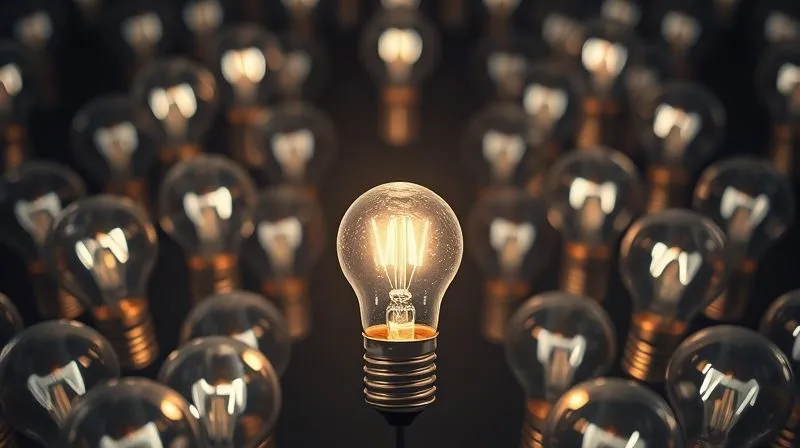 A photorealistic image of a single, glowing light bulb standing out brightly among many dim, generic light bulbs, symbolizing a clear and unique value proposition. Cinematic lighting, sharp focus on the bright bulb, depth of field, 8K hyper-detailed, professional photography, shot on a high-end DSLR.
