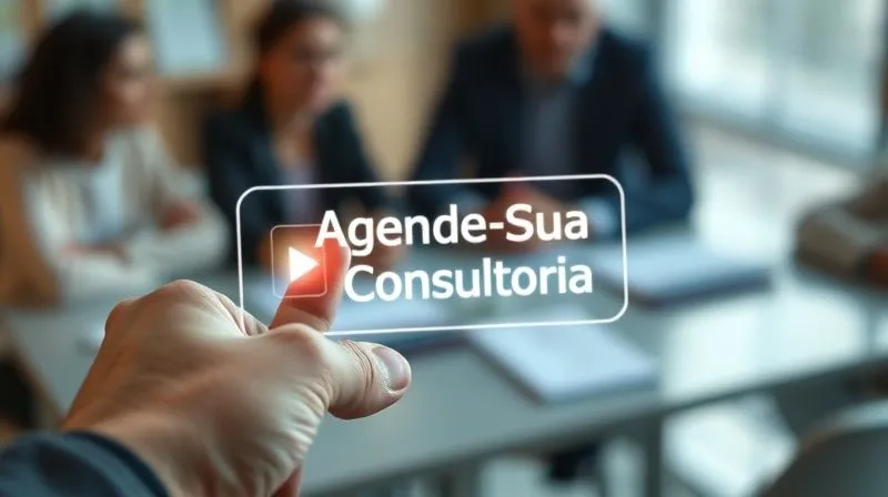 A photorealistic image of a clear, glowing "Agende Sua Consultoria" button on a clean, modern website interface, with a hand poised to click it. The background shows a blurry, successful business meeting. Cinematic lighting, sharp focus on the button, depth of field, 8K hyper-detailed, professional photography, shot on a high-end DSLR.