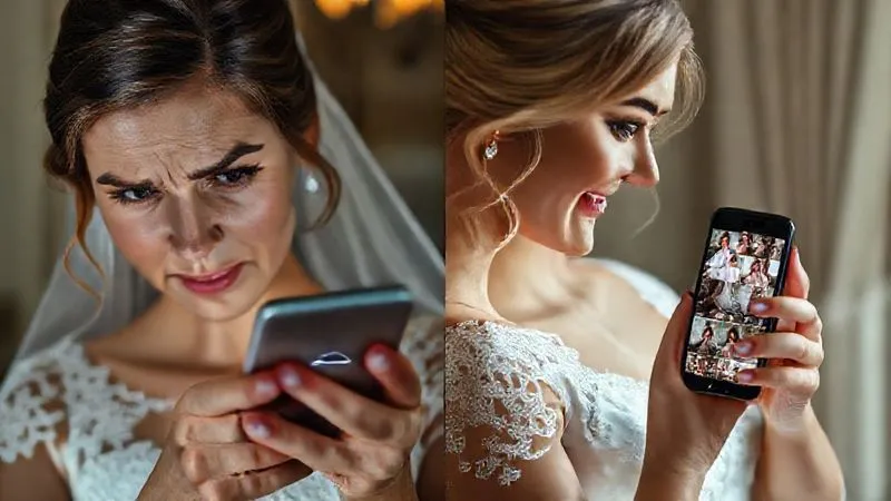 Photorealistic, professional photography, 8K, cinematic lighting, sharp focus, depth of field, shot on a high-end DSLR. A split image: on the left, a frustrated bride-to-be looking at a phone screen showing a slowly loading, pixelated wedding photo gallery with a loading spinner. On the right, a smiling bride-to-be effortlessly swiping through a crisp, fast-loading, beautiful wedding photo gallery on a perfectly optimized mobile device. The contrast highlights the impact of page speed and mobile responsiveness.