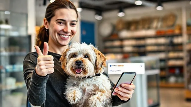 A photorealistic, professional photography, 8K, cinematic lighting, sharp focus, depth of field, shot on a high-end DSLR, showing a happy pet owner, mid-20s, smiling and giving a thumbs up while holding their well-groomed dog, simultaneously looking at their smartphone where a 5-star Google review is being submitted for a local pet shop. The background is a modern, clean pet shop interior.