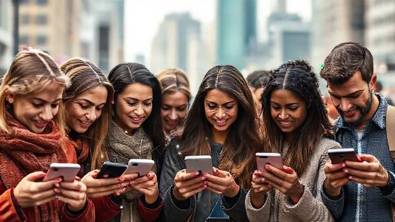Photorealistic image of a diverse group of people from different age groups and backgrounds looking attentively at their smartphones, representing target audience segmentation, with data points and lines connecting them, cinematic lighting, sharp focus on the faces, depth of field blurring a city background, 8K hyper-detailed, professional photography, shot on a high-end DSLR.