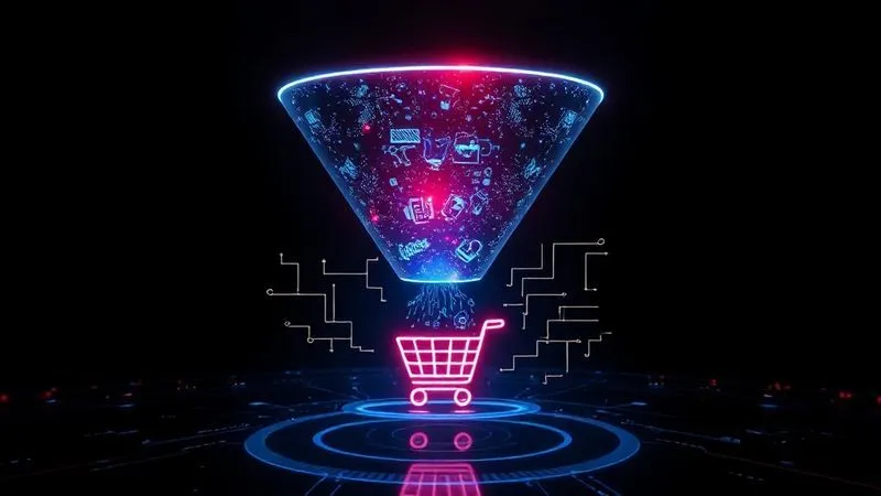 Photorealistic image of a glowing digital sales funnel, starting broad at the top and narrowing down to a shopping cart icon at the bottom, with streams of data flowing through it, representing customer journey from awareness to conversion. The background is dark and futuristic, with cinematic lighting and sharp focus on the funnel structure, 8K hyper-detailed, professional photography, shot on a high-end DSLR.