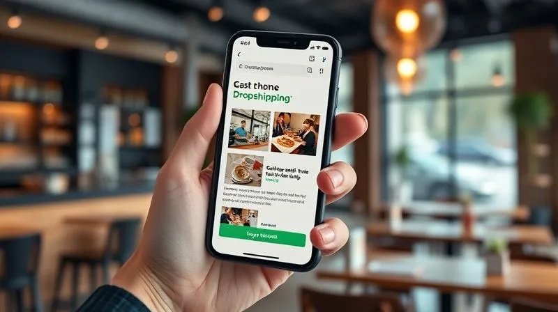 A photorealistic, professional photography of a hand holding a smartphone, displaying a perfectly formatted and visually appealing email marketing campaign for dropshipping. The email is clear, with large, clickable buttons and optimized images. Cinematic lighting, sharp focus on the phone screen and hand, depth of field blurring a background of a modern cafe, 8K hyper-detailed, shot on a high-end DSLR.