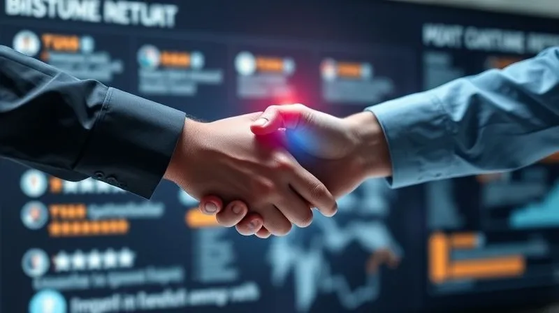 A photorealistic, professional photography of a digital handshake between a customer icon and a brand logo icon, symbolizing trust and a strong relationship built through valuable interactions. Cinematic lighting, sharp focus on the handshake, depth of field blurring a background of positive customer reviews and engagement metrics, 8K hyper-detailed, shot on a high-end DSLR.
