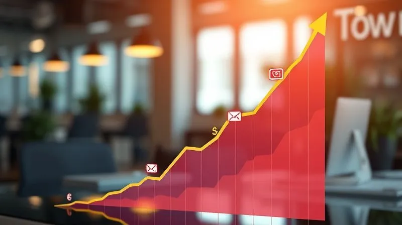 A photorealistic, professional photography of a graph showing a steep upward trend, with digital currency symbols and email icons integrated into the rising line, symbolizing successful email marketing driving profit. Cinematic lighting, sharp focus on the graph and an abstract representation of growth, depth of field blurring a background of a modern workspace, 8K hyper-detailed, shot on a high-end DSLR.