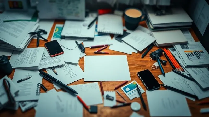 photorealistic, professional photography, 8K, cinematic lighting, sharp focus, depth of field, shot on a high-end DSLR. A cluttered, messy desk with various papers, pens, and devices, contrasting sharply with a small, perfectly organized section of the desk where a single, clear call-to-action button stands out. The emotional tone is one of confusion vs clarity.
