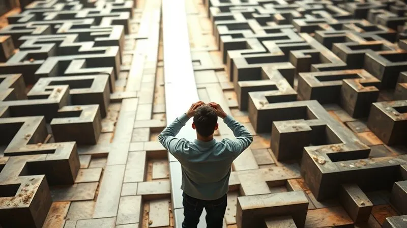 photorealistic, professional photography, 8K, cinematic lighting, sharp focus, depth of field, shot on a high-end DSLR. A confused person trying to navigate a maze of complex, overlapping pathways, symbolizing bad UX on a website. In the distance, a clear, single path leading to a bright, inviting destination, representing a well-designed conversion funnel. Emotional tone of frustration and longing for simplicity.