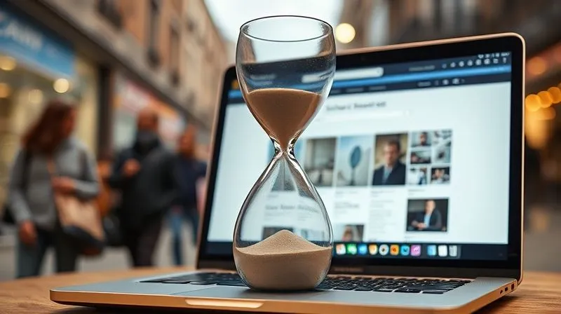 photorealistic, professional photography, 8K, cinematic lighting, sharp focus, depth of field, shot on a high-end DSLR. A digital hourglass with sand quickly draining, superimposed over a blurry, slow-loading website on a laptop screen. The background is a bustling, impatient city street. Emotional tone of urgency and lost opportunity.