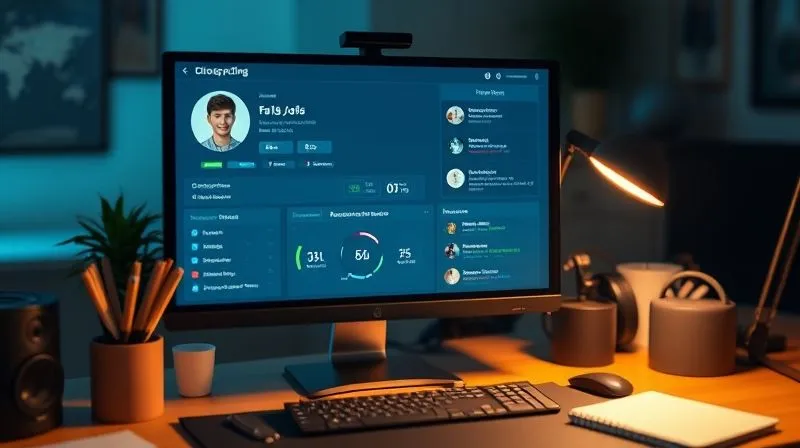 A photorealistic image of a detailed client persona profile on a digital screen, with demographic data, interests, and pain points clearly visible, surrounded by a photographer's desk items, cinematic lighting, sharp focus on the screen, depth of field, 8K hyper-detailed, shot on a high-end DSLR.
