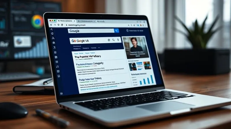 A photorealistic image of a laptop screen showing Google search results for a photography service, with a website ranking high on the first page, surrounded by SEO optimization tools and charts, cinematic lighting, sharp focus on the screen, depth of field, 8K hyper-detailed, shot on a high-end DSLR.