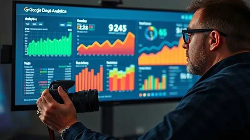A photorealistic image of a photographer analyzing Google Analytics data on a large monitor, showing website traffic, bounce rates, and conversion funnels, with a determined expression, cinematic lighting, sharp focus on the data, depth of field, 8K hyper-detailed, shot on a high-end DSLR.