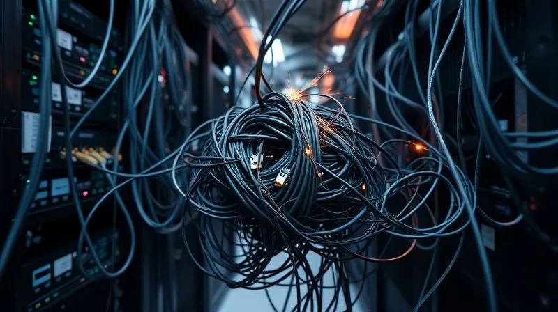 A photorealistic image of a tangled mess of network cables and server racks, with some wires sparking gently, symbolizing complex and interconnected technical problems. Cinematic lighting, sharp focus on the central tangle, depth of field blurring the background, 8K hyper-detailed, shot on a high-end DSLR.