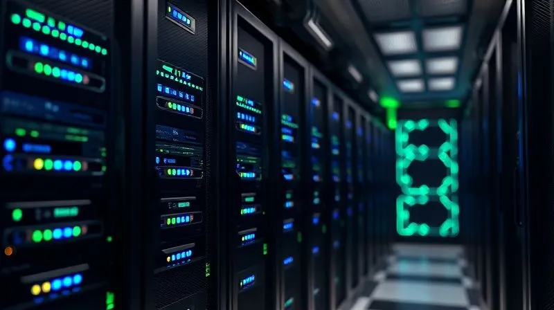 A photorealistic image of a highly organized server room, with clean cable management, blinking blue and green lights on racks of powerful servers, symbolizing efficiency and reliability. Cinematic lighting, sharp focus on the server details, depth of field blurring the background, 8K hyper-detailed, shot on a high-end DSLR.