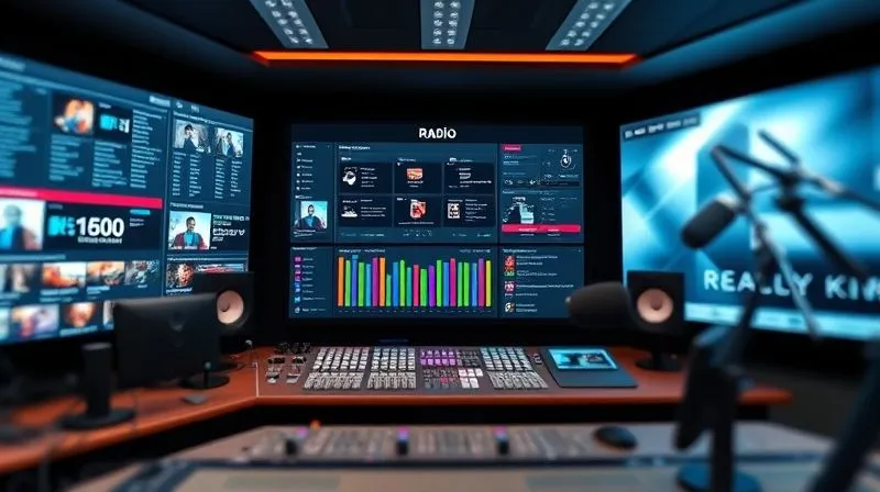 A photorealistic image of a sleek, modern radio control room interface, with a clear digital dashboard showing automated playlists, content scheduling, and live stream status, all in perfect order. Cinematic lighting, sharp focus on the screen, depth of field blurring the background, 8K hyper-detailed, shot on a high-end DSLR.