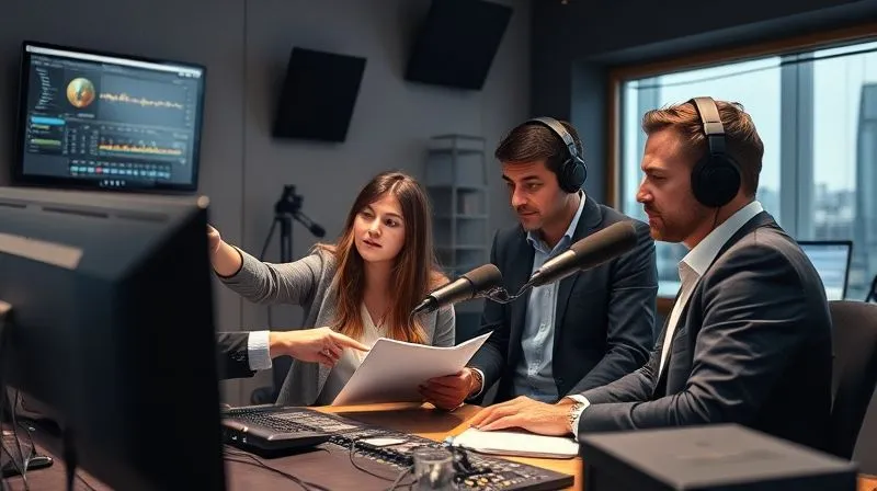 A photorealistic image of a diverse team of radio professionals collaborating in a modern studio, with one person pointing to a screen showing audio waveforms, another taking notes, and a third adjusting a microphone, symbolizing teamwork and continuous improvement. Cinematic lighting, sharp focus on the team, depth of field blurring the background equipment, 8K hyper-detailed, shot on a high-end DSLR.