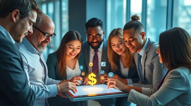 Photorealistic, professional photography, 8K, cinematic lighting, sharp focus, depth of field, shot on a high-end DSLR. A diverse group of business professionals collaborating around a digital tablet showing interconnected social media icons, with a glowing light path connecting them to a stylized money symbol. The scene conveys strategy, collaboration, and digital growth. Soft, warm lighting.