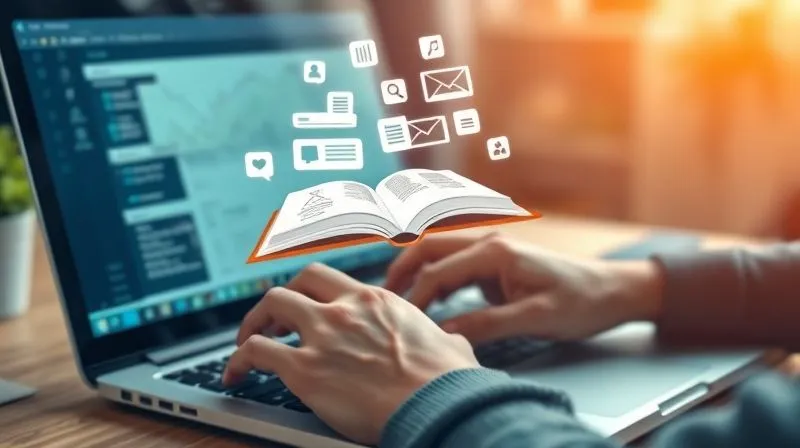 Photorealistic, professional photography, 8K, cinematic lighting, sharp focus, depth of field, shot on a high-end DSLR. A person's hands typing on a laptop, with a stylized representation of an open e-book and online course modules floating above the screen. The background shows a soft blur of a home office, emphasizing digital product creation and learning. Light focuses on the hands and screen, conveying focus and knowledge transfer.