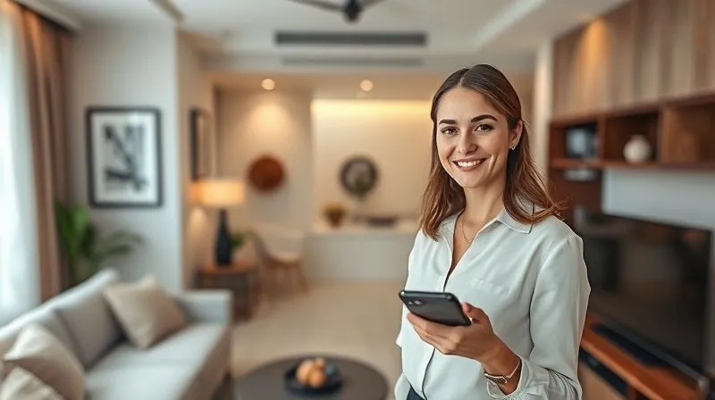 Photorealistic, professional photography, 8K, cinematic lighting, sharp focus, depth of field, shot on a high-end DSLR. A female architect with a professional, warm smile, standing in a beautifully designed small apartment living room, pointing to a cleverly integrated furniture piece. Her smartphone is subtly visible in her hand, displaying social media icons. The scene emphasizes smart design, professionalism, and digital connection.