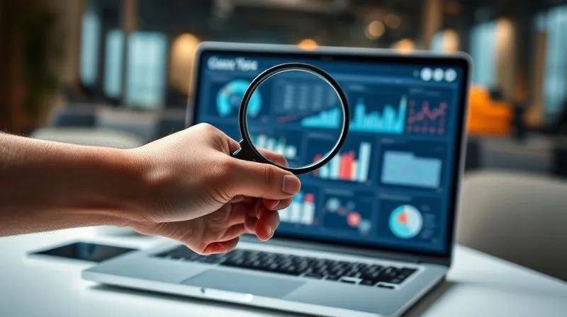 Photorealistic, professional photography, 8K, cinematic lighting, sharp focus, depth of field, shot on a high-end DSLR. A hand holding a magnifying glass over a laptop screen displaying a dashboard with various digital marketing metrics (charts, graphs of engagement, sales, clicks). The background is a soft-focus modern office environment, suggesting data analysis and strategic decision-making. The lighting is focused on the screen and magnifying glass, highlighting the act of detailed review.
