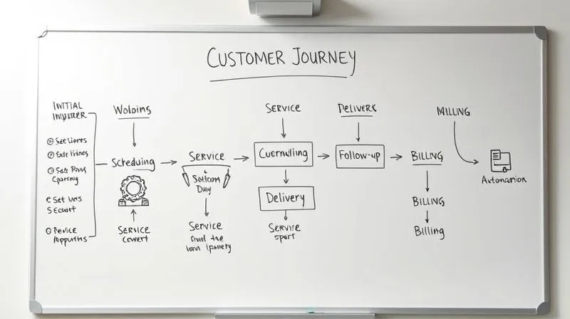 A photorealistic, professional photography image of a detailed flowchart on a minimalist whiteboard, showing various customer journey touchpoints for a liberal professional (e.g., 'Initial Inquiry', 'Scheduling', 'Service Delivery', 'Follow-up', 'Billing'). Arrows connect the stages, with small gears or robotic arms subtly indicating points where automation could be applied, all under cinematic lighting, sharp focus, depth of field, 8K hyper-detailed, shot on a high-end DSLR.