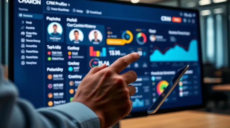 A photorealistic, professional photography image of a person's hand interacting with a sleek, modern CRM dashboard on a tablet or large monitor. The dashboard displays client profiles, communication history, task lists, and pipeline stages with clear, intuitive graphics. Cinematic lighting highlights the user's focused expression and the vibrant data, suggesting control and organization. Sharp focus on the screen, depth of field blurring a professional office background, 8K hyper-detailed, shot on a high-end DSLR.