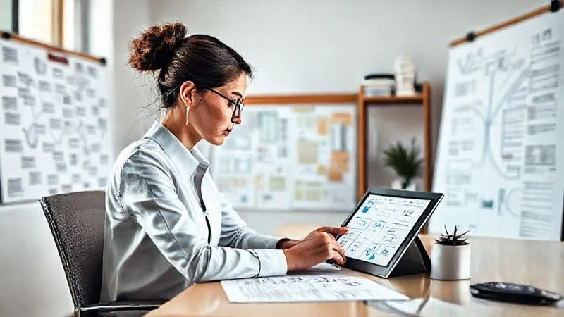 A photorealistic image of a professional woman (or man) sitting thoughtfully at a desk, surrounded by mind maps and vision boards, with a digital tablet displaying strategy diagrams. The setting is a minimalist, well-lit home office, emphasizing focus and clarity. Cinematic lighting, sharp focus on the individual, depth of field blurring the background. 8K hyper-detailed, professional photography, shot on a high-end DSLR.