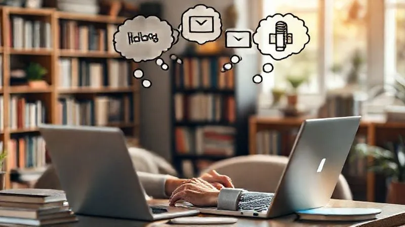 A photorealistic image of a person actively writing on a laptop, with thought bubbles above their head showing diverse content formats like a blog post, a video icon, and a podcast microphone. The background is a cozy, creative workspace filled with books and natural light. Cinematic lighting, sharp focus on the person and laptop, depth of field blurring the background. 8K hyper-detailed, professional photography, shot on a high-end DSLR.